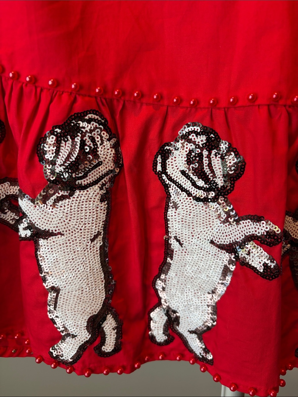 Queen of Sparkles Red Sequin Embroidered Bulldog Peplum Top - Women's - Picture 3 of 4